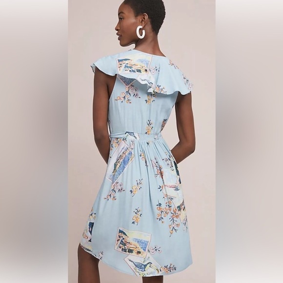 Anthropologie Maeve Blue Floral Postcard Print Rosalia Wrap Dress - Picture 3 of 16